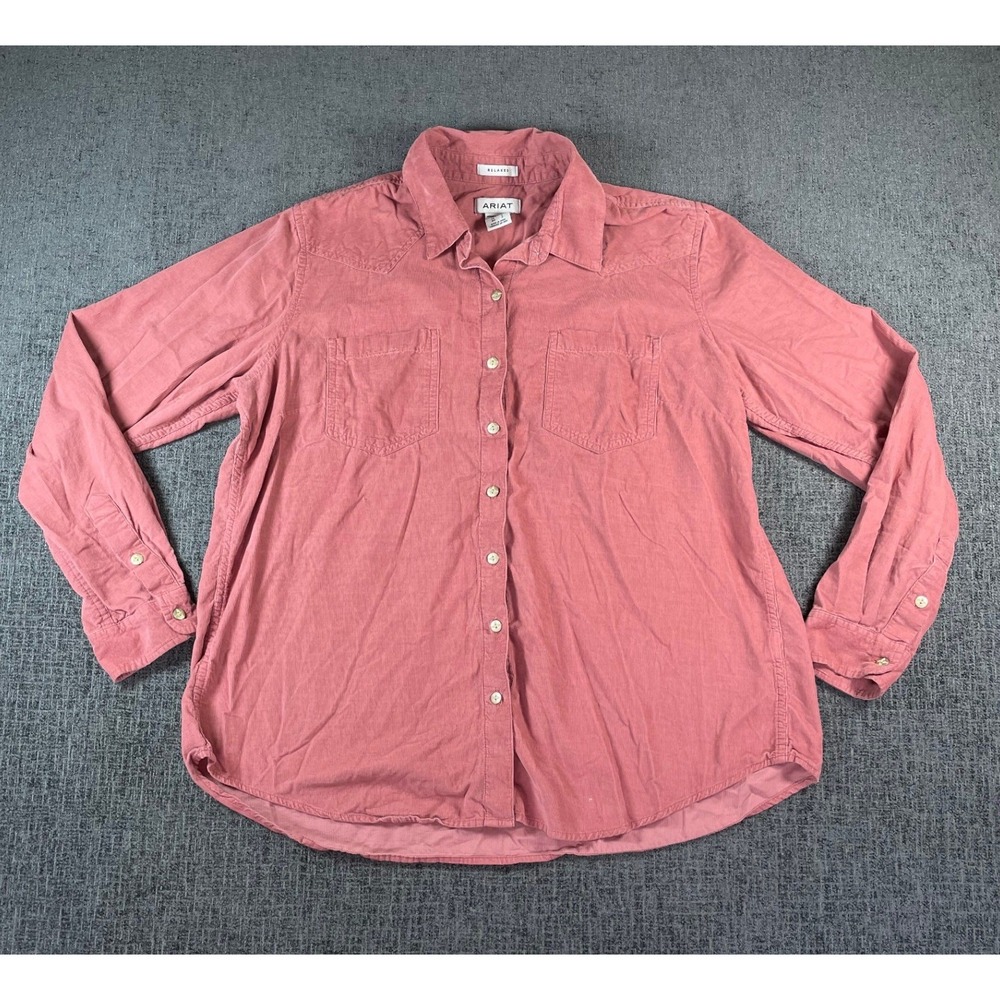 Ariat‎ Womens Relaxed Fit Corduroy Button Down Shirt Pink Western Long Sleeve L